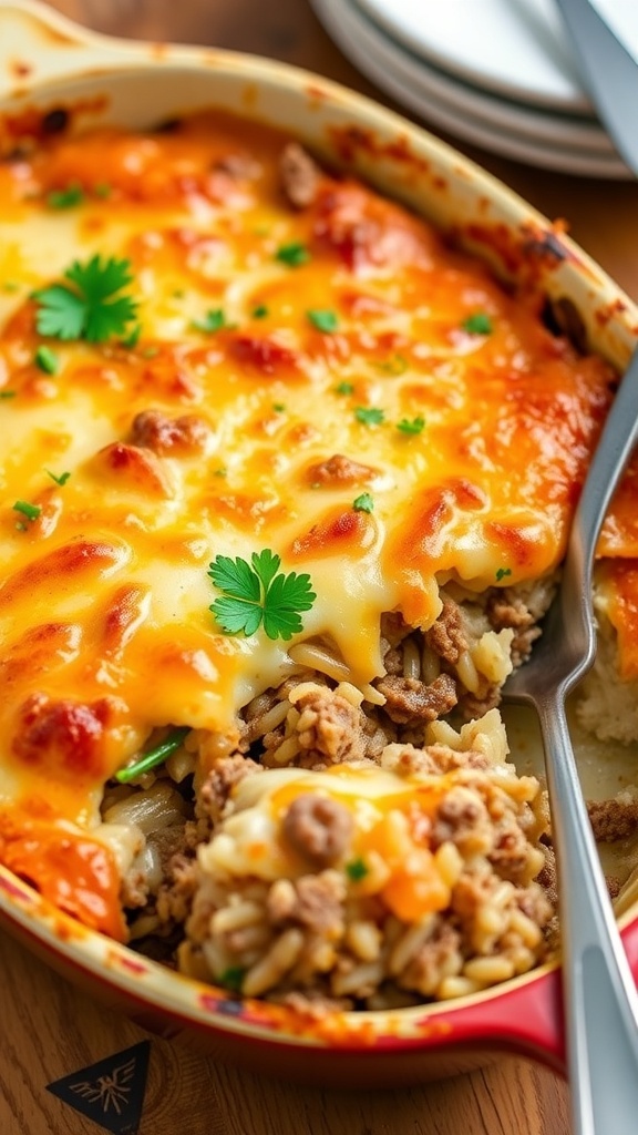 A hearty French onion hamburger rice casserole with a cheesy top, ground beef, and onions, garnished with parsley.